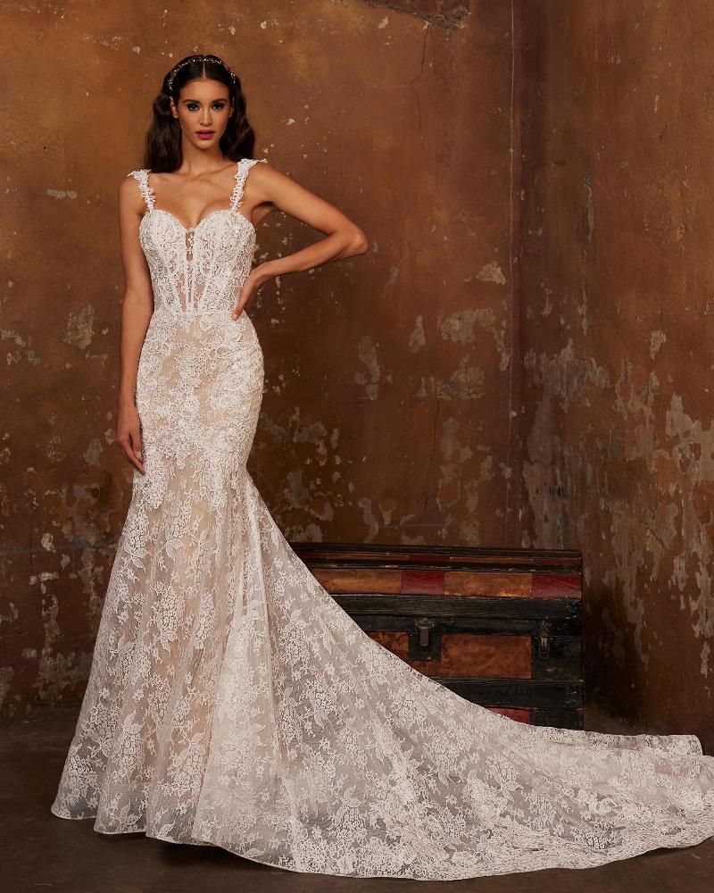 122240 vintage lace wedding dress with spaghetti straps and mermaid silhouette3